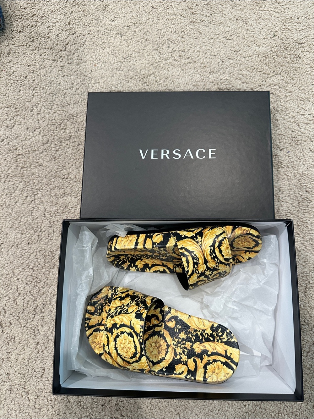 Versace Black and Gold Baroque Slide Sandals